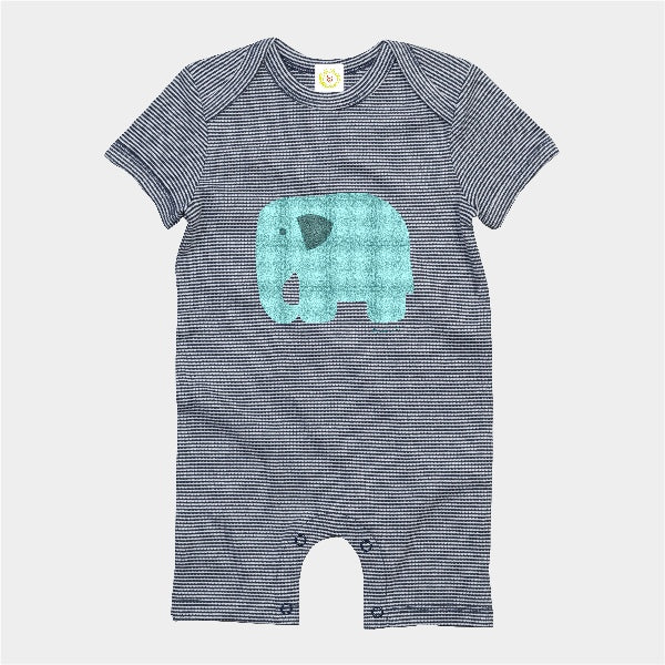 Organic cotton baby romper suit in navy stripes with tartan print elephant design