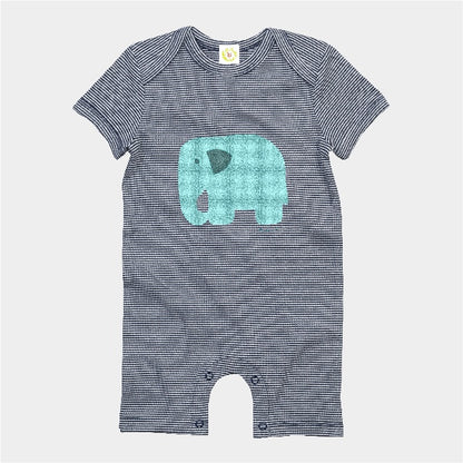 Organic cotton baby romper suit in navy stripes with tartan print elephant design