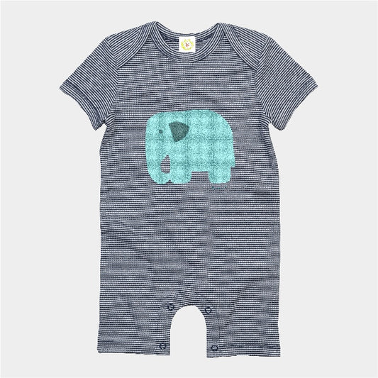Organic cotton baby romper suit in navy stripes with tartan print elephant design