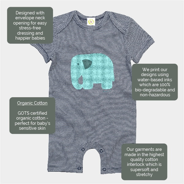 Organic cotton baby romper suit in navy stripes with tartan print elephant design