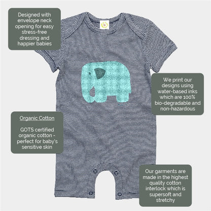 Organic cotton baby romper suit in navy stripes with tartan print elephant design