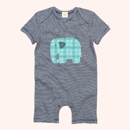 Organic cotton baby romper suit in navy stripes with tartan print elephant design
