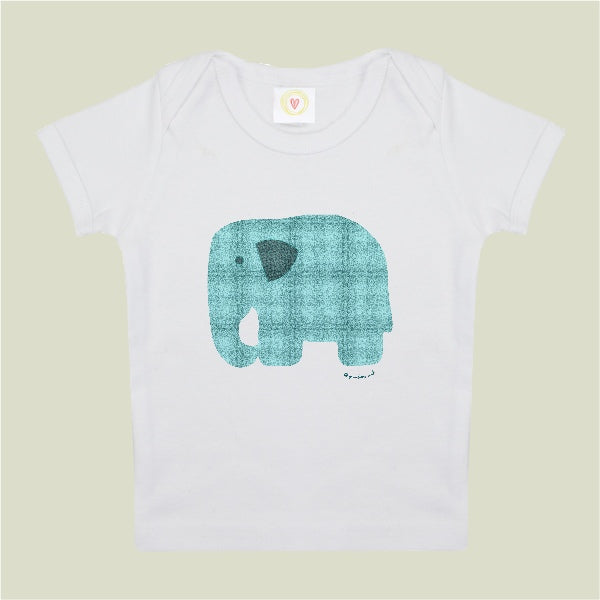 Organic cotton white baby t-shirt with hand-printed tartan elephant design