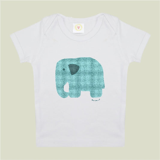 Organic cotton white baby t-shirt with hand-printed tartan elephant design