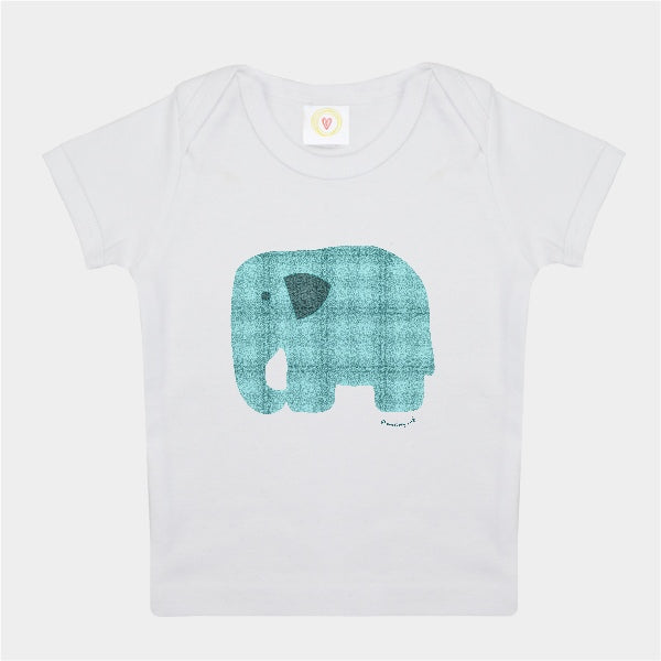 Organic cotton white baby t-shirt with hand-printed tartan elephant design