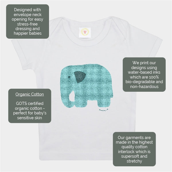 Organic cotton white baby t-shirt with hand-printed tartan elephant design