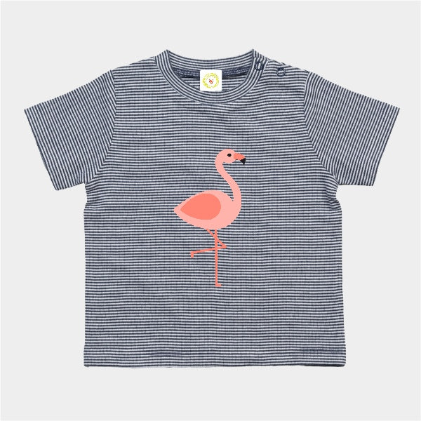 Navy striped baby t-shirt with pink flamingo design and certification labels on a white background