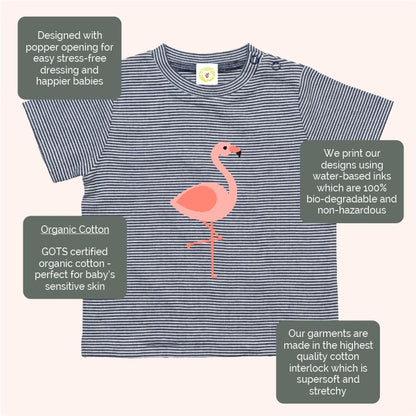 Navy striped baby t-shirt with pink flamingo design and certification labels on a white background