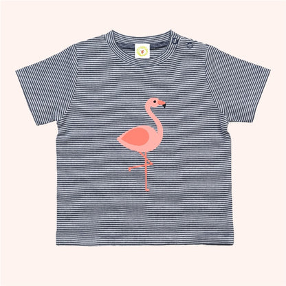Navy striped baby t-shirt with pink flamingo design and certification labels on a white background