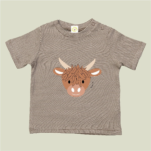 Organic cotton Highland Cow baby t-shirt mocha and white stripes