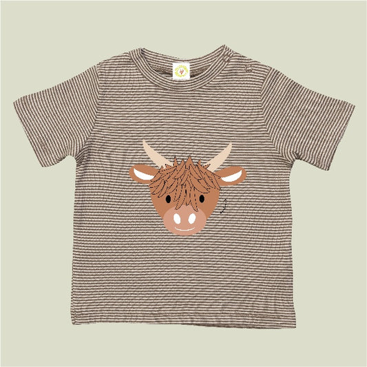 Organic cotton Highland Cow baby t-shirt mocha and white stripes
