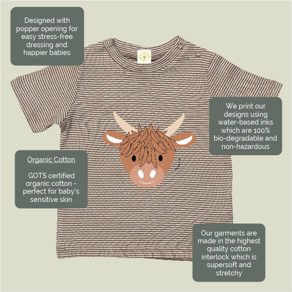 Organic cotton Highland Cow baby t-shirt mocha and white stripes