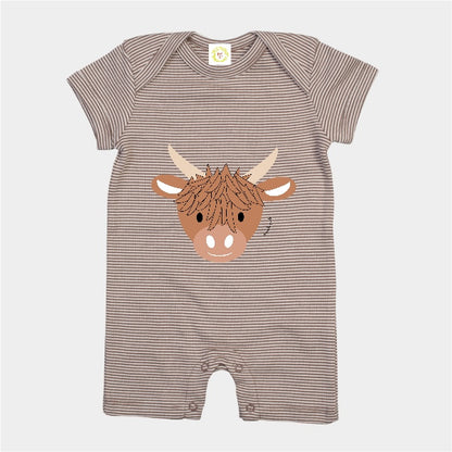Striped baby romper with a highland cow design on a white background