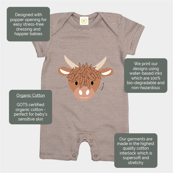 Baby romper with highland cow design on a light gray background
