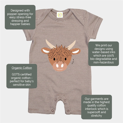 Baby romper with highland cow design on a light gray background