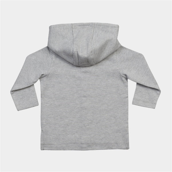 Organic cotton baby hoodie jacket in grey and white stripes with hand-printed monkey design