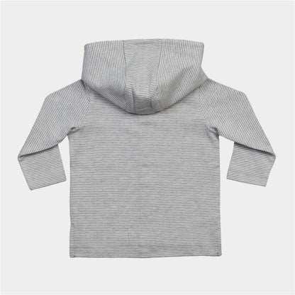 Organic cotton baby hoodie jacket in grey and white stripes with hand-printed monkey design