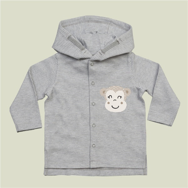 Organic cotton baby hoodie jacket in grey and white stripes with hand-printed monkey design