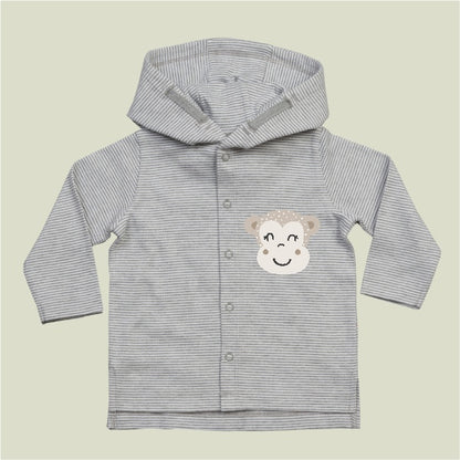 Organic cotton baby hoodie jacket in grey and white stripes with hand-printed monkey design