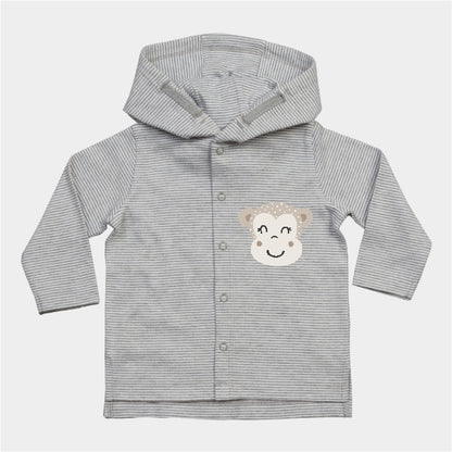 Organic cotton baby hoodie jacket in grey and white stripes with hand-printed monkey design