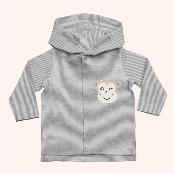 Organic cotton baby hoodie jacket in grey and white stripes with hand-printed monkey design