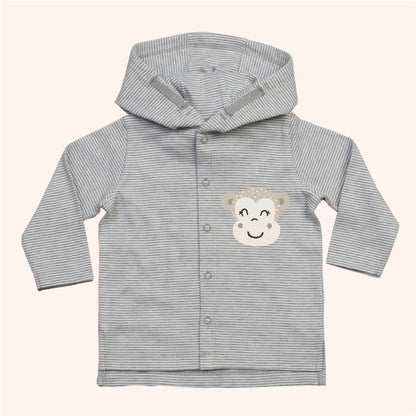 Organic cotton baby hoodie jacket in grey and white stripes with hand-printed monkey design