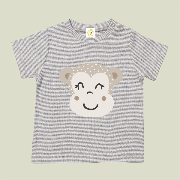 Organic cotton baby t-shirt in grey and white stripes with hand-printed monkey design