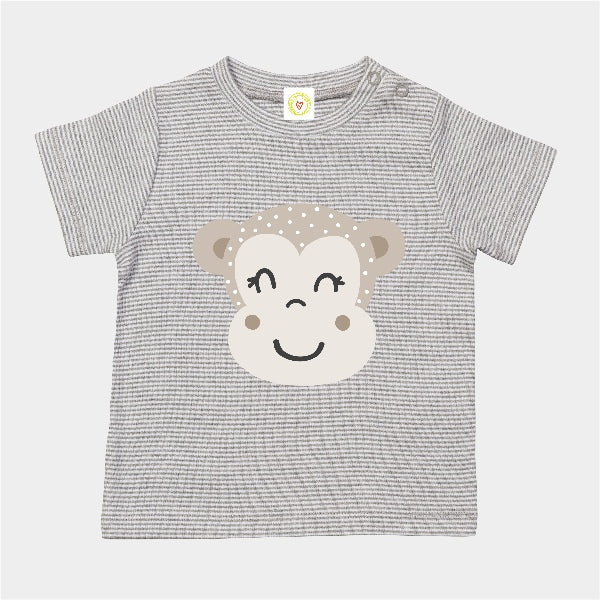Organic cotton baby t-shirt in grey and white stripes with hand-printed monkey design