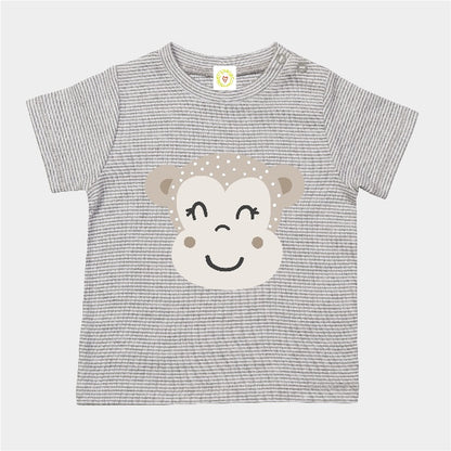 Organic cotton baby t-shirt in grey and white stripes with hand-printed monkey design