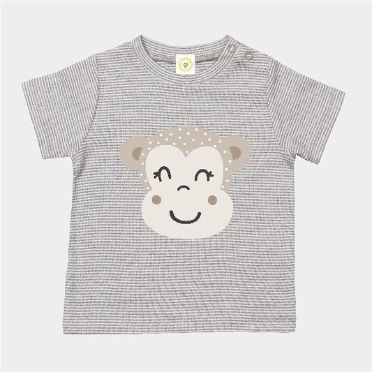 Organic cotton baby t-shirt in grey and white stripes with hand-printed monkey design