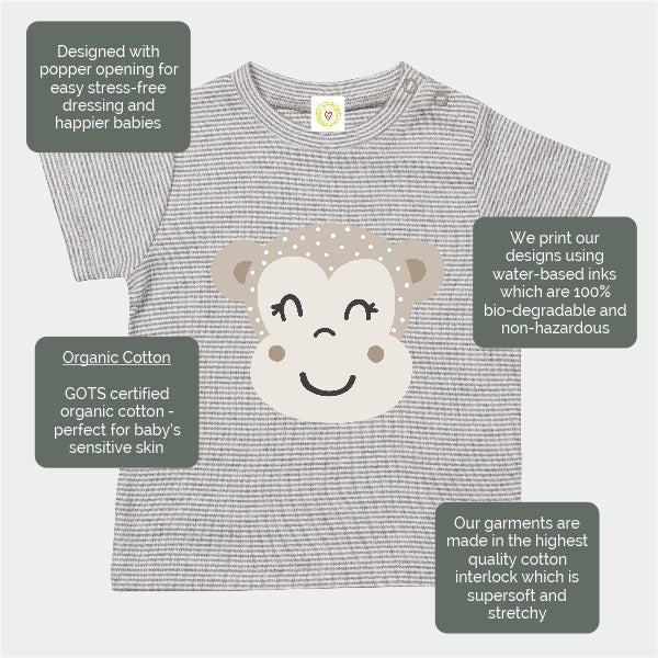 Organic cotton baby t-shirt in grey and white stripes with hand-printed monkey design