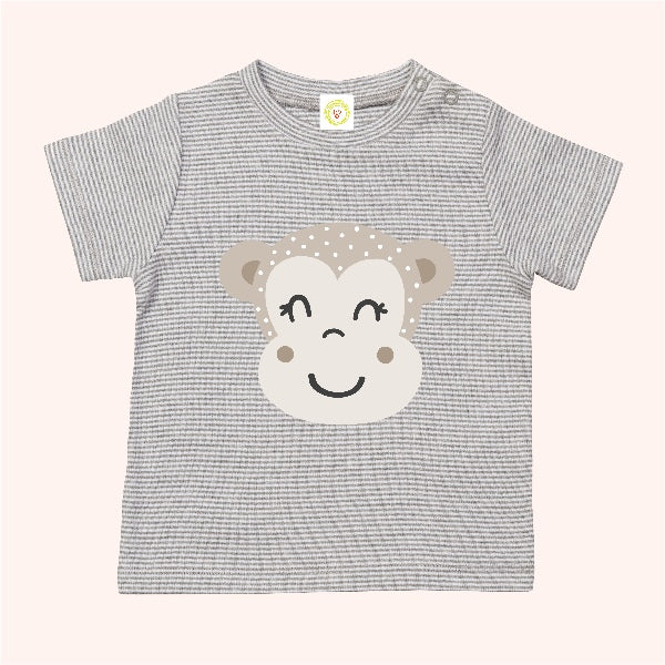 Organic cotton baby t-shirt in grey and white stripes with hand-printed monkey design