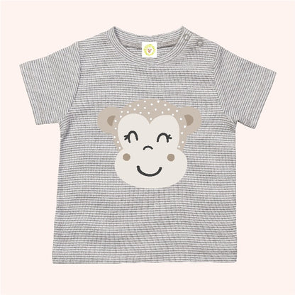 Organic cotton baby t-shirt in grey and white stripes with hand-printed monkey design