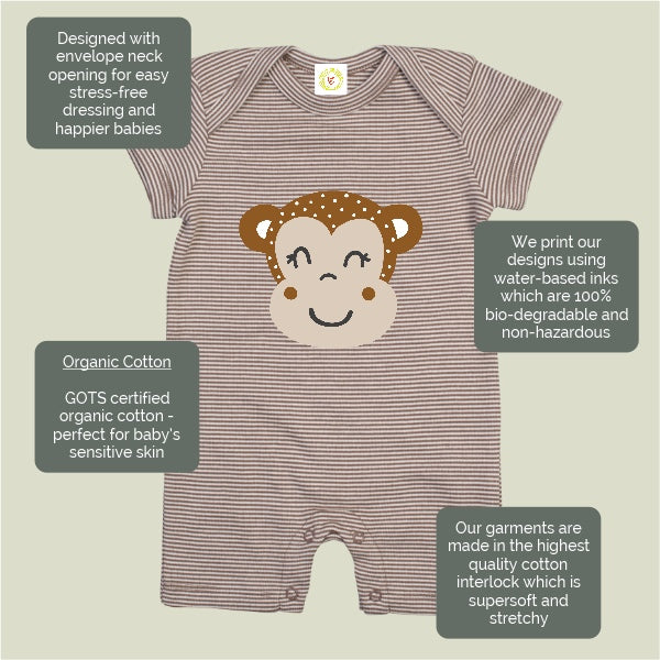 Baby romper with monkey design on a beige background with text about its features.