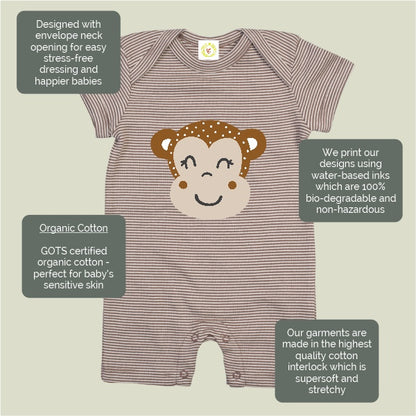 Baby romper with monkey design on a beige background with text about its features.