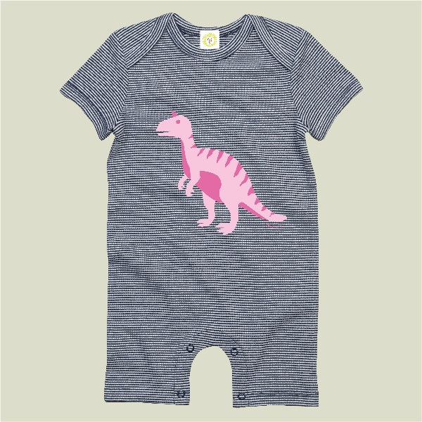 Organic cotton baby romper navy and white stripes with pink T-Rex print