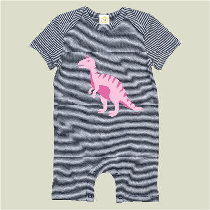 Organic cotton baby romper navy and white stripes with pink T-Rex print