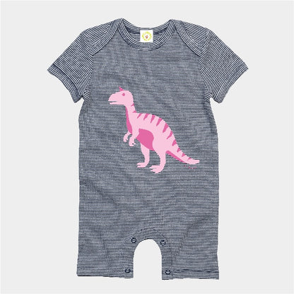 Organic cotton baby romper navy and white stripes with pink T-Rex print