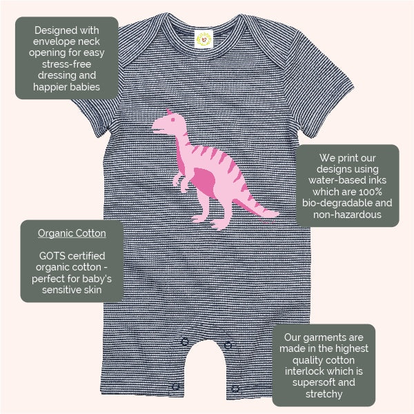 Organic cotton baby romper navy and white stripes with pink T-Rex print