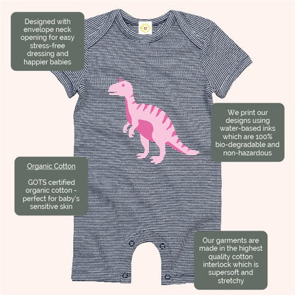 Organic cotton baby romper navy and white stripes with pink T-Rex print