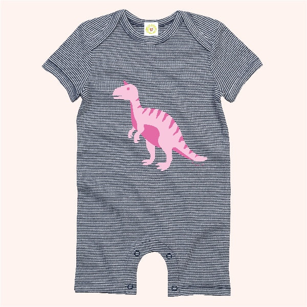 Organic cotton baby romper navy and white stripes with pink T-Rex print