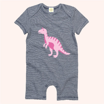 Organic cotton baby romper navy and white stripes with pink T-Rex print