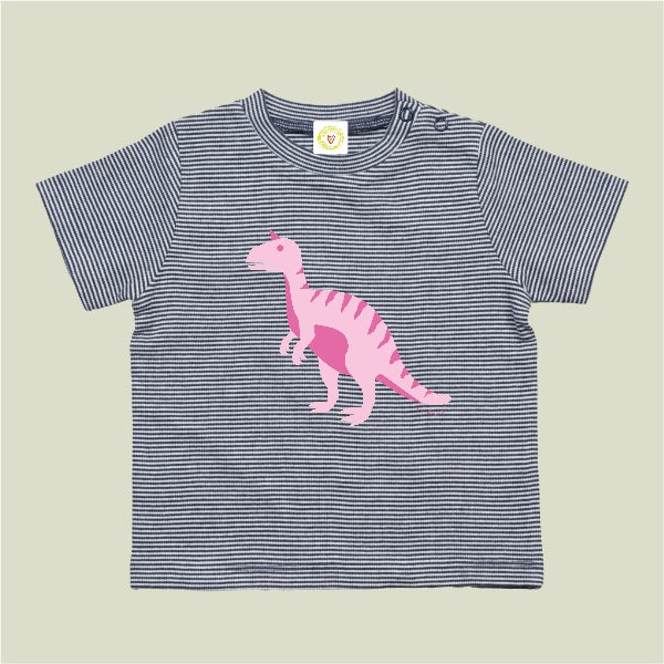 “GOTS organic cotton baby T-shirt navy and white stripes with pink T-Rex print