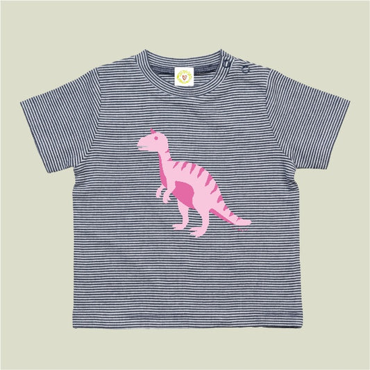 “GOTS organic cotton baby T-shirt navy and white stripes with pink T-Rex print