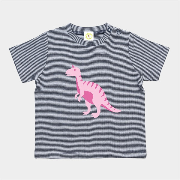 “GOTS organic cotton baby T-shirt navy and white stripes with pink T-Rex print