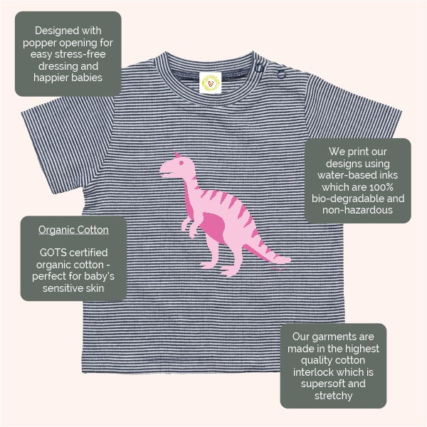 “GOTS organic cotton baby T-shirt navy and white stripes with pink T-Rex print
