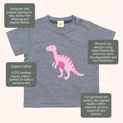 “GOTS organic cotton baby T-shirt navy and white stripes with pink T-Rex print