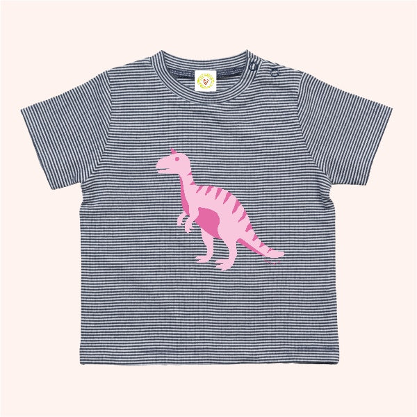 “GOTS organic cotton baby T-shirt navy and white stripes with pink T-Rex print