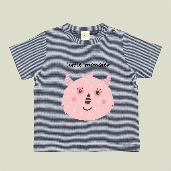 Navy and white striped organic cotton baby t-shirt with pink Little Monster print, 12-18 months.