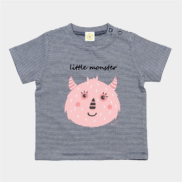 Navy and white striped organic cotton baby t-shirt with pink Little Monster print, 12-18 months.